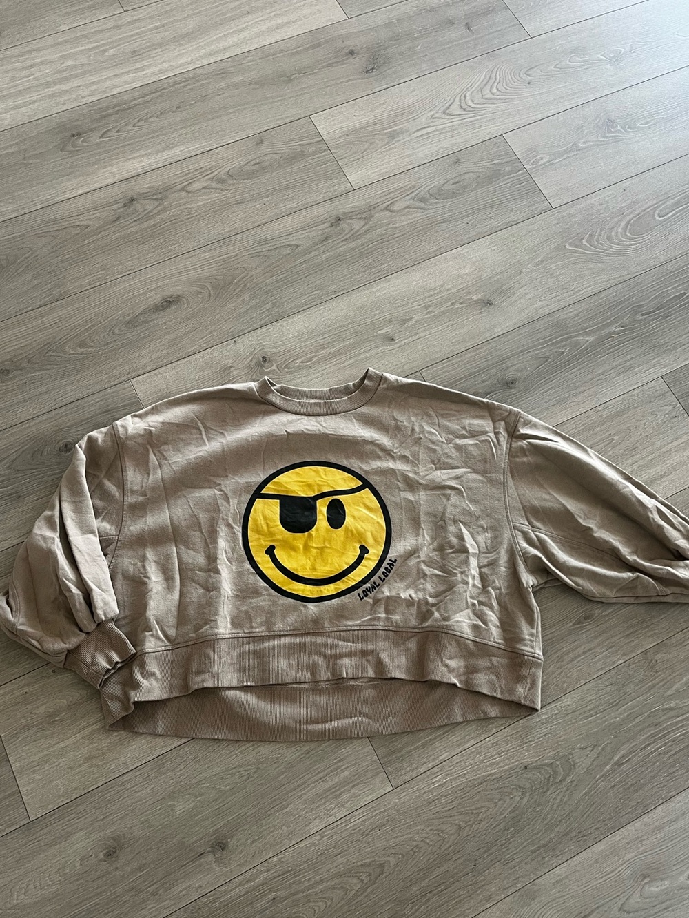 Altar'd State Beige Pullover with Yellow Smiley Graphic